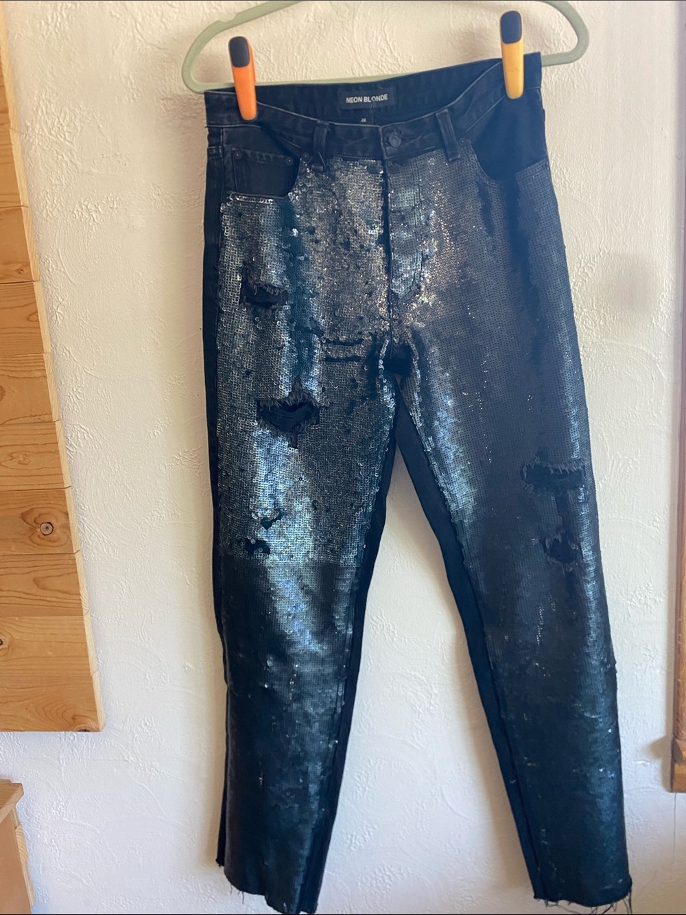 NEON BLONDE Black Sequin Distressed Skinny Jeans